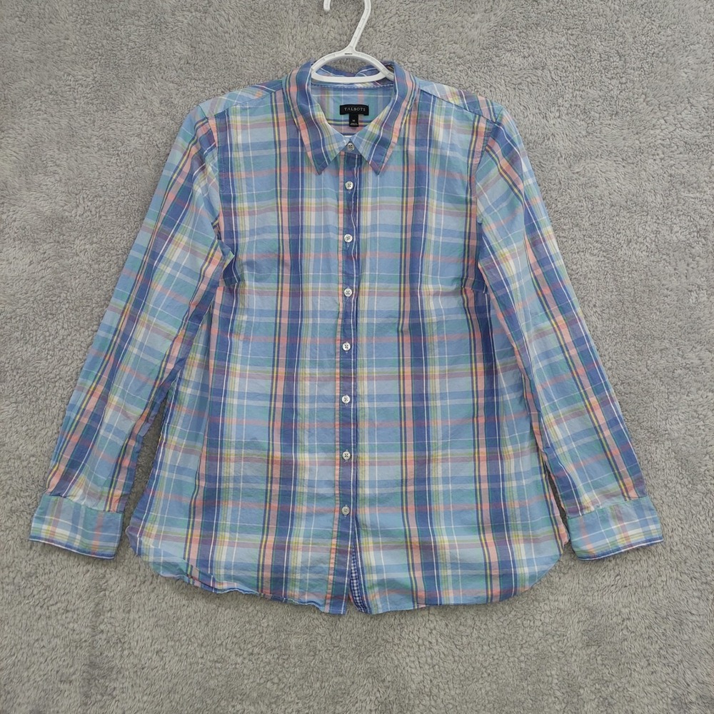 Talbots Shirt Women's Medium Button Up Blue‎ Plaid Blue Cotton Spring Casual